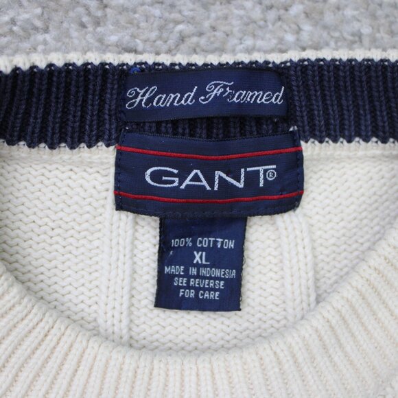 Vintage Gant Sweater Mens XL White Hand Framed 100% Cotton Cable Knit Crest 90s - Picture 8 of 11